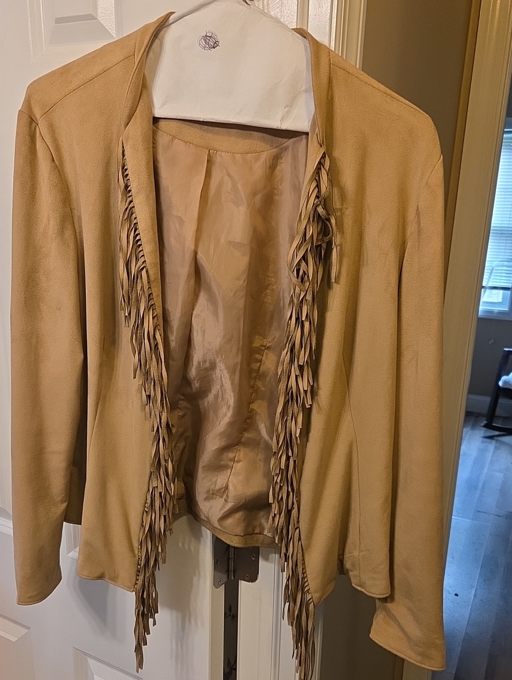 Dress Barn Women's Fringe Open-Front Faux Suede Jacket in Camel